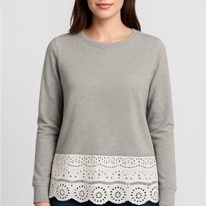 J. Crew Gray Sweatshirt with White Eyelet Lace Hem Size XS EUC